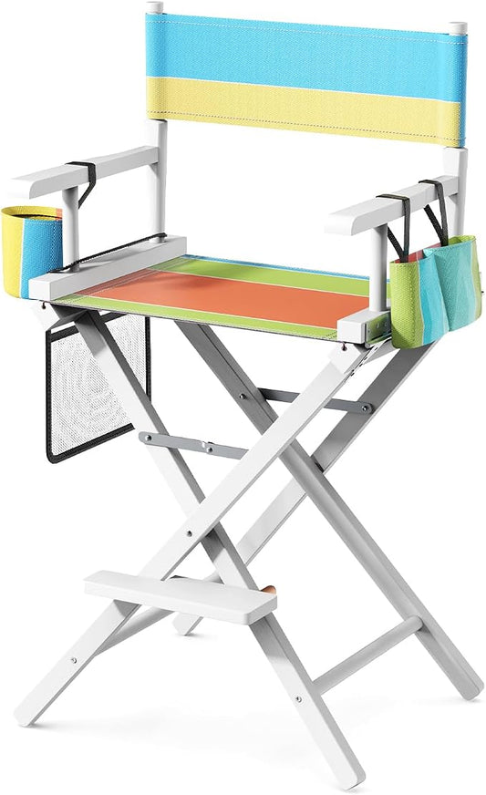 OmySalon 26" H Tall Directors Chair, Wooden Portable Folding Makeup Chair w/Storage Pouch & Footrest, Professional for Salon/Events/Mobile Services, 250lb Capacity, Colorful Canvas & White Frame