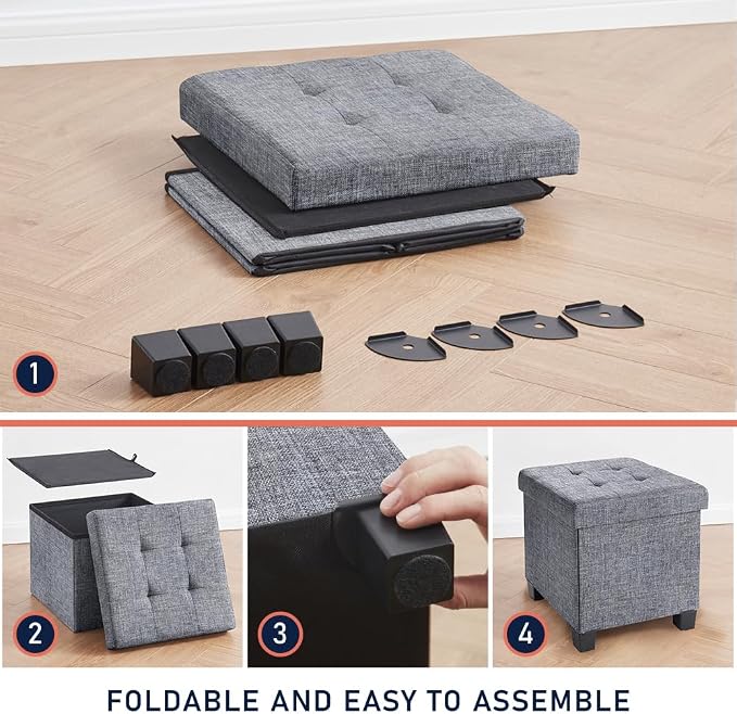 Ornavo Home 15 Inch Folding Storage Ottoman with Storage, Square Cube Linen Small Storage Ottoman Foot Rest Stool with Legs - Gray