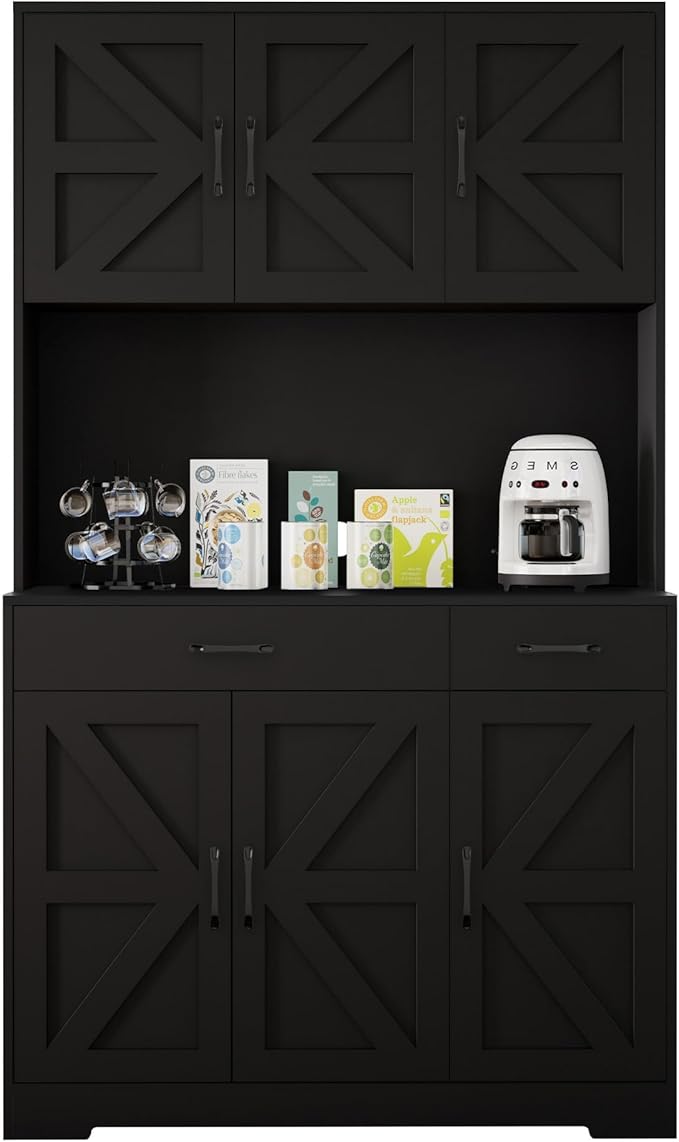 71" Kitchen Pantry Cabinet with Charging Station, Pantry Storage Cabinet Large Kitchen Hutch with Microwave Stand, Coffee Bar Station with Doors and Adjustable Shelves for Kitchen, All Black