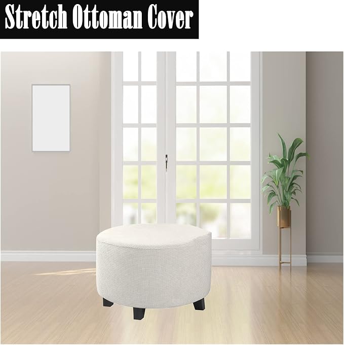 Stretch Ottoman Slipcover – Round Furniture Protector Fits 30"-41" Dia, for Footrests, Storage Ottomans & Folding Stools – Elastic Fabric Cover (White, X-Large)