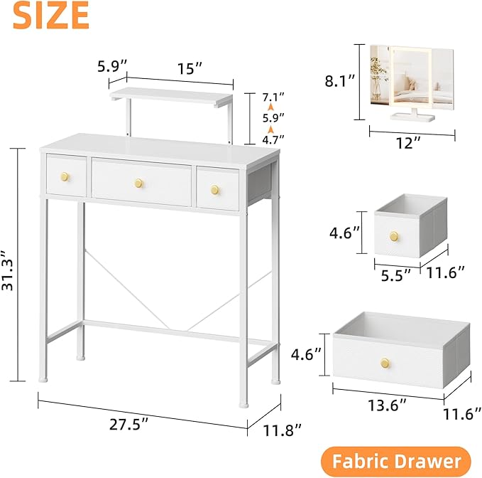 HIGDBFE Small Makeup Vanity Desk 27.5''W with Mirror and Lights, Vanity Desk with 3 Fabric Drawers and Height-Adjustable Stand, Vanity Table for Girls Gifts, Bedroom and Small Spaces, White