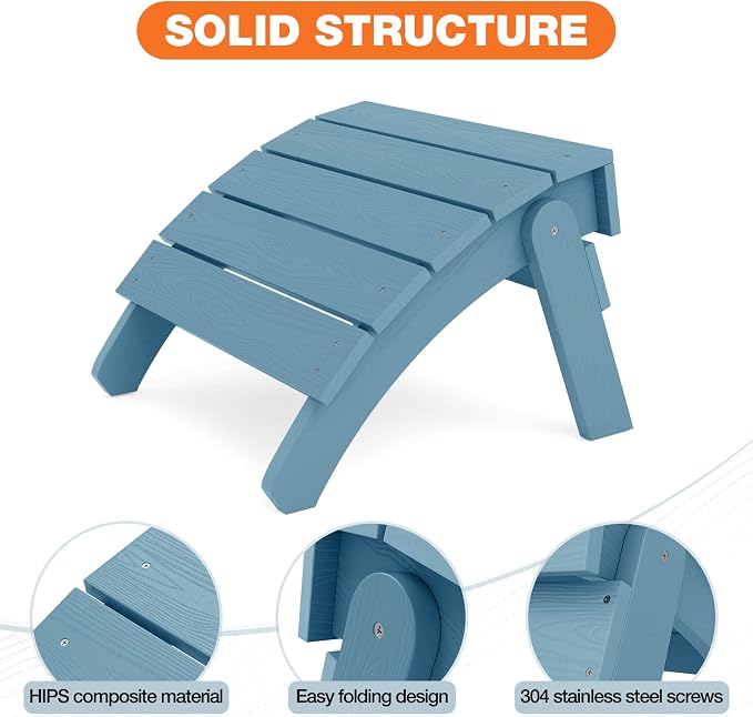 YEFU Adirondack Ottoman Set of 2, Patio Foot Rest, Adirondack Foot Rest, Folding Adirondack Footstool, Weather Resistant for Adirondack Chair, Widely Used for Outdoor, Porch, Backyard, Fire Pits-Blue