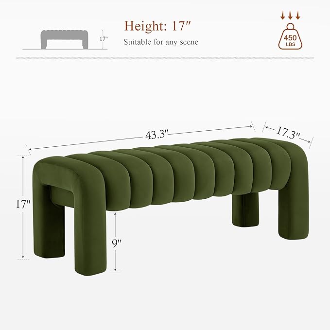 43’’ Bedroom Bench, Upholstered End of Bed Bench with Solid Wood Legs, Modern Small Dining Bench with Full Covered Fabrics for Entryway, Bedroom, Living Room (Green, Velvet)