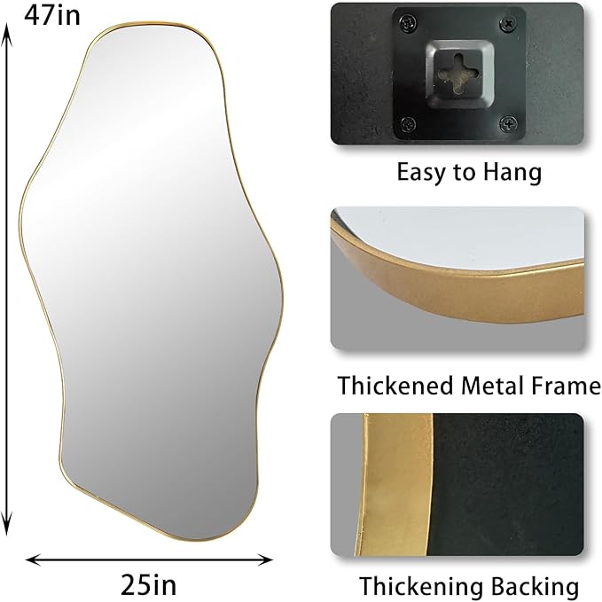 Irregular Wall Mirror, 47"x25" Asymmetrical Aesthetic Mirror with Metal Frame, Modern Organic Shaped Mirrors for Living Room Bedroom Hallway Entryway, Horizontal or Vertical Hanging
