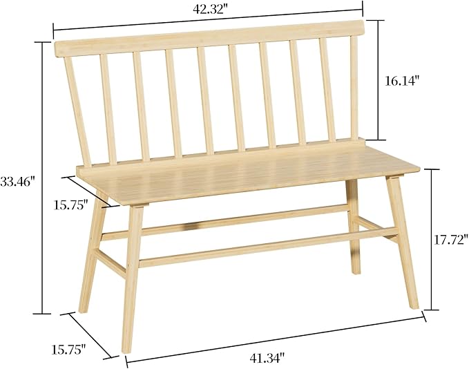 Dining Bench for Kitchen & Dining Room – Bamboo Wood Bench with Spindle Back & Armrests, Farmhouse Entryway Bench, Indoor Bedroom Bench, Versatile Entry Bench & Outdoor Bench Seating（Natural）