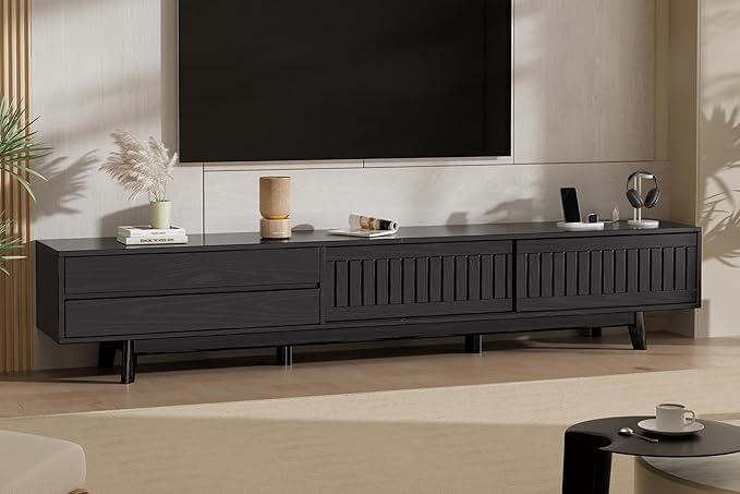 TV Stand for up to 85 Inch TVs, 78.7" Entertainment Center with Storage & Power Outlet, Mid Century Modern Media Console w Drawers and Sliding Door, Television Stands for Living Room, Black