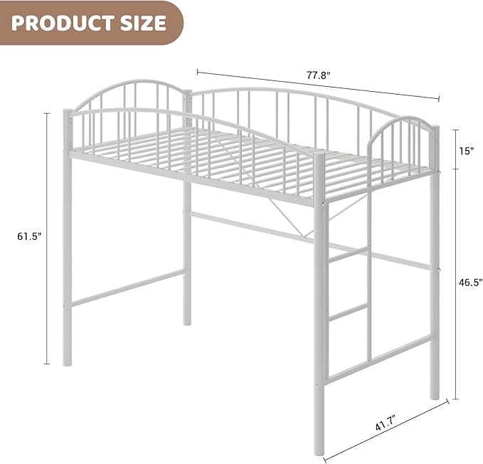 GarveeHome Loft Bed Twin Size, Heavy Duty Metal Loft Bed Frame with Arched Guardrail and Safety Ladder, Space-Saving, No Box Spring Needed, Modern White