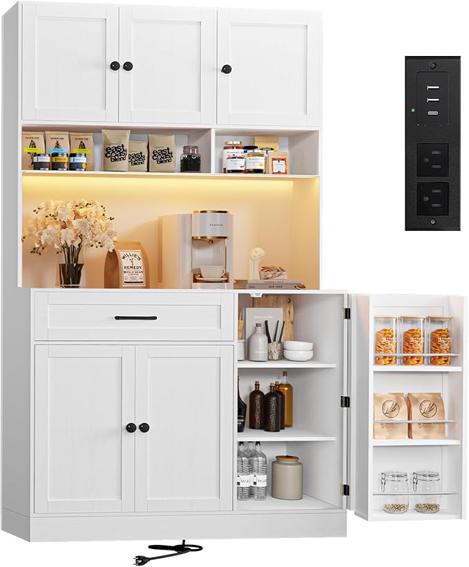 FJTJBSI 72" Kitchen Pantry Cabinet with LED Light and Charging Station Tall Pantry Storage Cabinet with Adjustable Shelves and Door Shelves Modern Kitchen Hutch with Microwave Stand and Countertop
