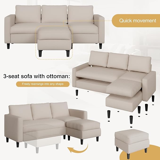 JAMFLY Sectional Sofa for Living Room, 3-Seat Reversible Couch with Convertible Ottoman, Modern L-Shaped Sofas for Small Apartment, Studio & Office, Tool-Free Easy Assembly, Beige