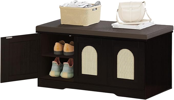 DINZI LVJ Shoe Bench, Entryway Storage Bench with Doors, Cushion, 2-Tier Shoe Rack with 6-Cubby, 39.4”L x 13.8”W Shoe Organizer Cabinet, Adjustable Shelf, Living Room, Bedroom, Espresso with Rattan