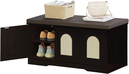 DINZI LVJ Shoe Bench, Entryway Storage Bench with Doors, Cushion, 2-Tier Shoe Rack with 6-Cubby, 39.4”L x 13.8”W Shoe Organizer Cabinet, Adjustable Shelf, Living Room, Bedroom, Espresso with Rattan