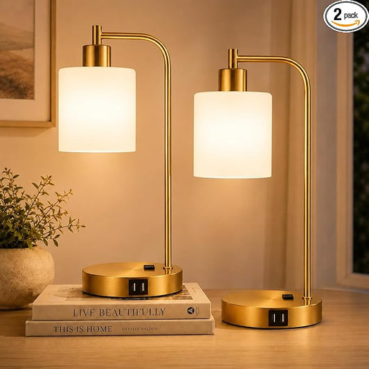 Set of 2 Industrial Touch Control Table Lamps with 2 USB Ports and AC Outlet - 3-Way Dimmable Gold Bedside Lamps Nightstand Desk Lamps for Bedroom Living Room, Opal Glass Shade & 2 LED Bulbs Included