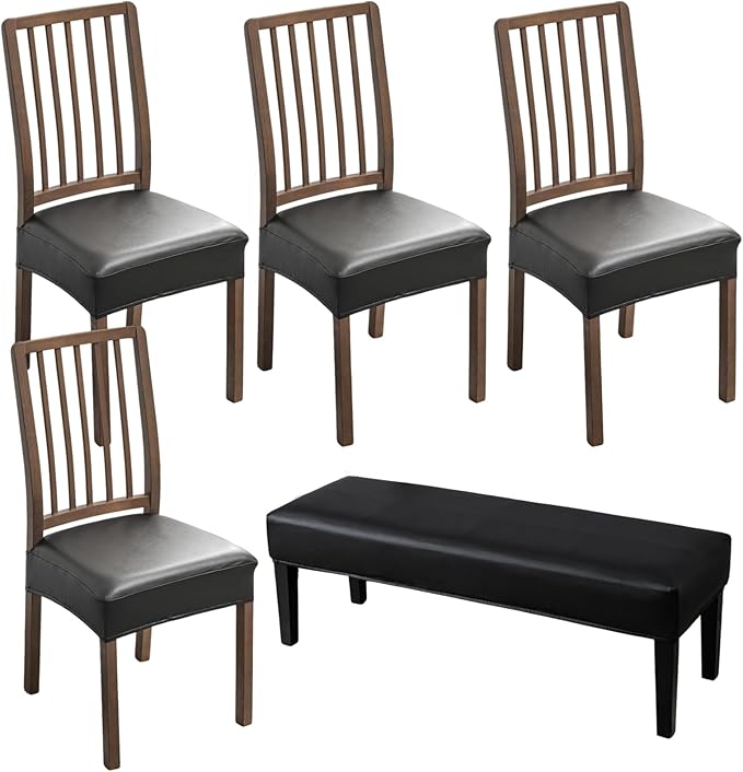 CRFATOP Waterproof 4pcs PU Dining Chairs Seat Covers with Soft Bench Chair Cover Stretch Kitchen Chair Slipcover Washable Seat Cushion Slipcover Protector for Hotel Ceremony Banquet Wedding,Black