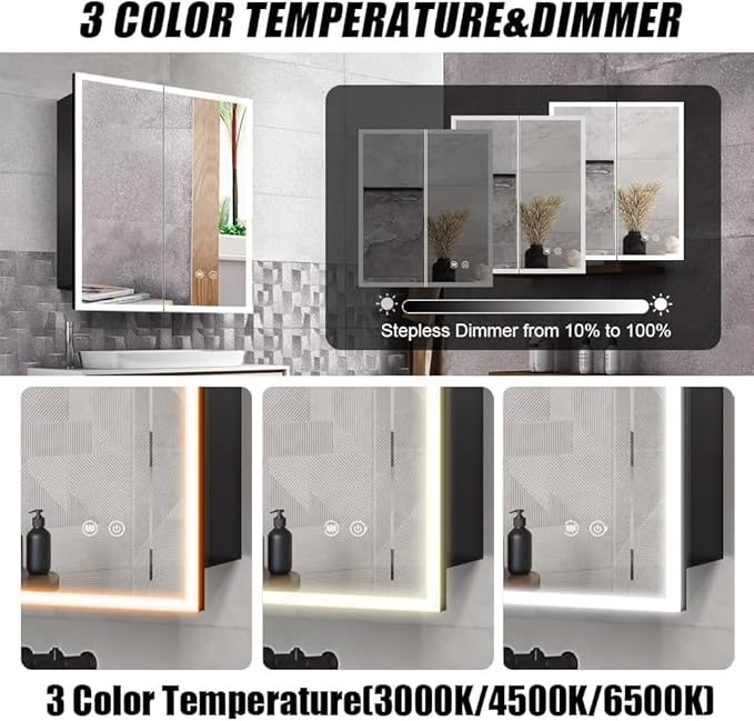 LED Medicine Cabinet with Light,Recessed Mirror Cabinet for Bathroom,3 Color Temperature,Dimmable,Demister,Detachable Side Plate for Recess Mount or Surface Mount,24inch×28inch