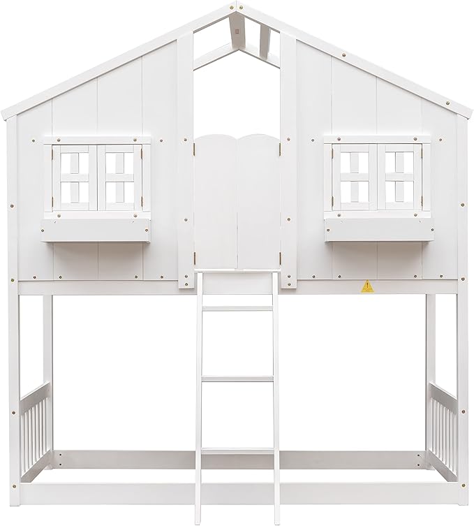 Wooden Twin Over Twin Floor Bunk House Bed with Door and Window Built-in Storage Box, Low Loft Bunk Bed for Kids Girls Boys Adults, No Box Spring Needed, White