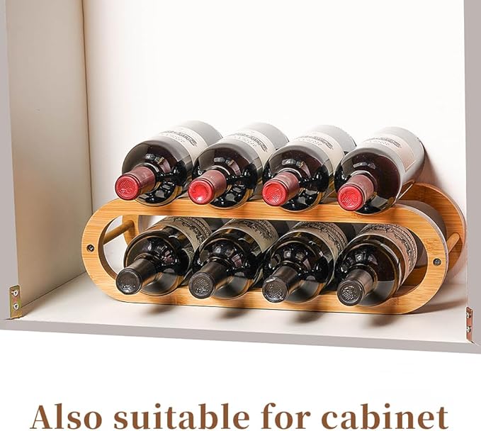 Navtcow Wine Rack and Water Bottle Organizer 2 in 1 for Cabinet and Countertop - Adjustable in 2 Sizes (Bamboo 2 Tier)