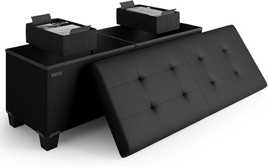 Storage Ottoman Bench with Bins, 43-in Storage Bench for Bedroom End of Bed, Folding Foot Rest Ottoman for Living Room Max 660lbs, Faux Leather Ottomans, Black