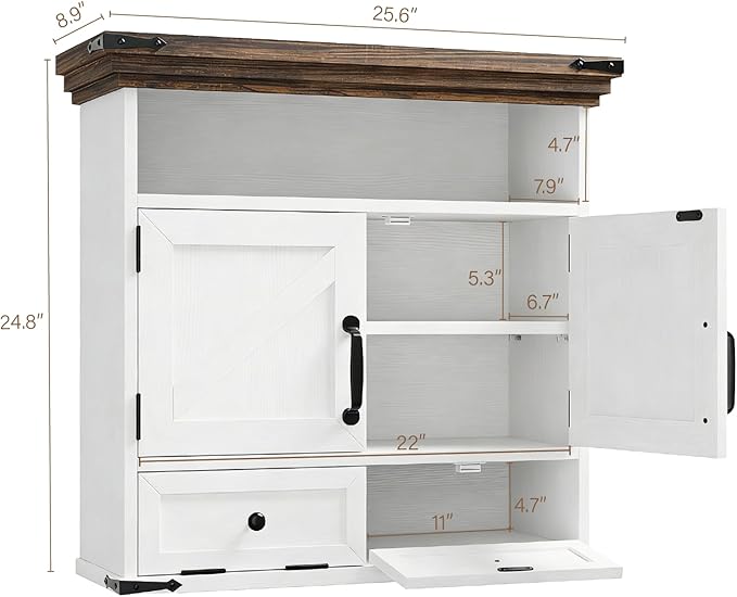 Bathroom Wall Cabinet, Farmhouse Medicine Cabinet with Door, 8.9"D x 25.6"W x 24.8"H, Wall Mounted Bathroom Cabinet with Adjustable Shelf, Wall Storage Cabinet for Laundry Room & Kitchen(White)