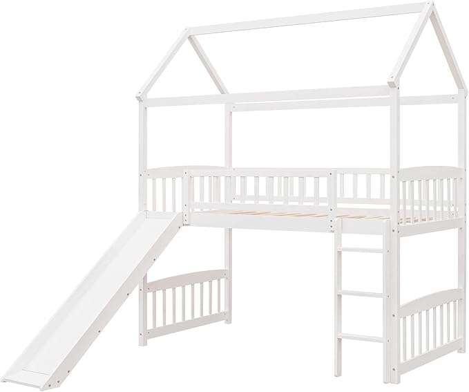 House Loft Bunk Bed Frames with Slide No Box Spring Needed for Teens, Girls or Boys