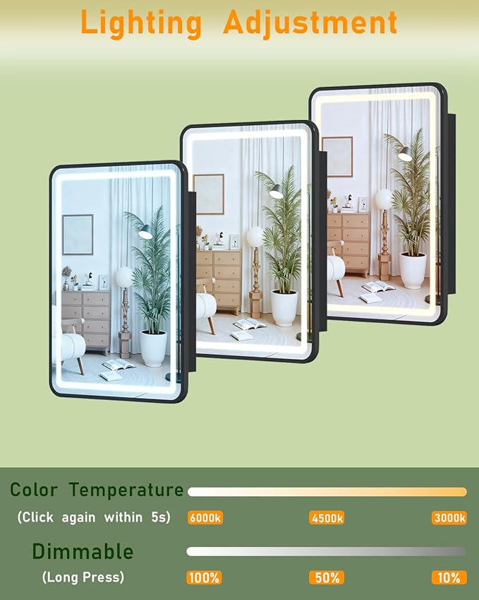 16x24 Inch LED Medicine Cabinet Mirror for Bathroom, Wall Mounted or Recessed Medicine Cabinet with Lights and Mirror, Full Metal, Stable & Removable 2 Shelves, Dimmable 3 Lighting Colors, Black