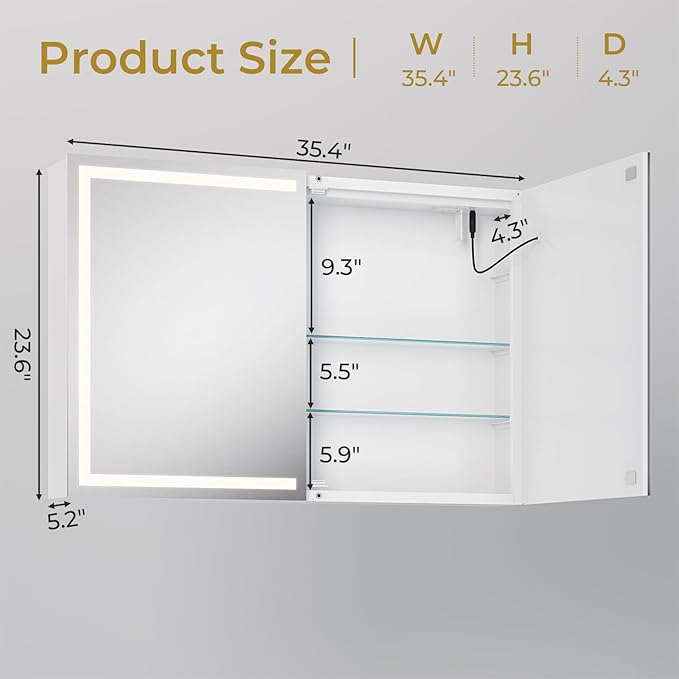 DICTAC Medicine Cabinet with Mirror and LED Light, Wall Mounted Bathroom Mirror with Storage, 3 Doors Bathroom Wall Cabinet, Memory Dimmable 3 Color Temp, Adjustable Shelves, 35.4''x23.6''