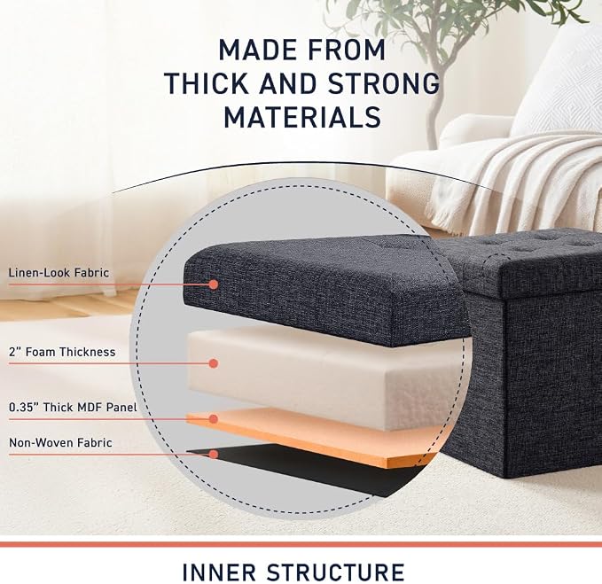 Ornavo Home 2 Pack 15 Inch Folding Storage Ottoman, Square Cube Linen Small Storage Ottoman Foot Rest Stool - Black