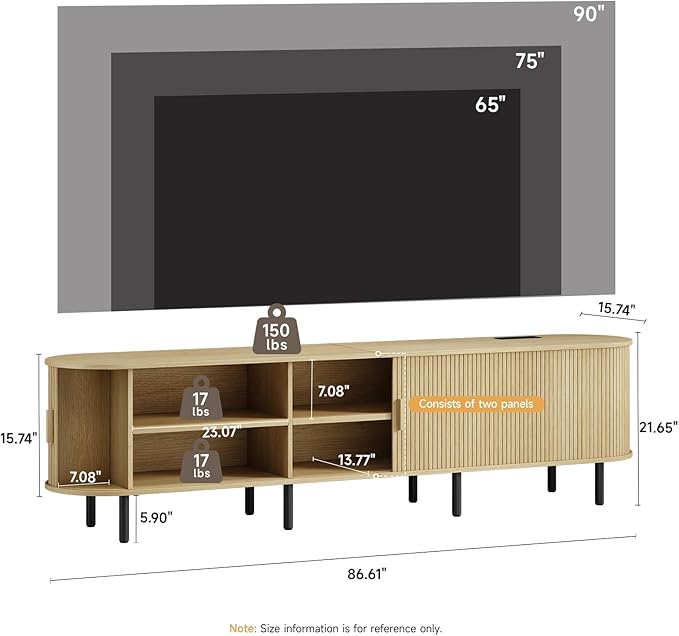 86.6" TV Stand with Power Outlet, Mid-Century Modern Television Stand, Fluted Media Console with Sliding Doors, Entertainment Center for TVs up to 90 Inch, Adjustable Shelves, Oak