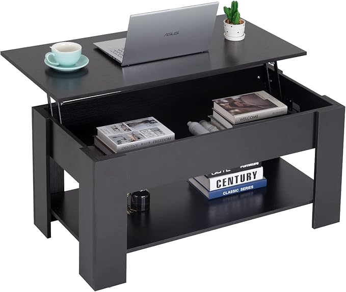 FDW 39.4" Lift Top Coffee Table with Hidden Compartment and Storage Shelf Wooden Lift Tabletop for Home Living Room Reception Room Office (Black)