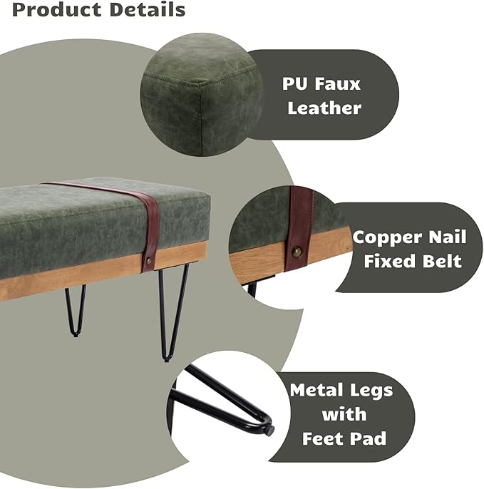 HEAH-YO Industrial Entryway Bench Set of 1, 44 Inches End of Bench with Padded Seat Cushion, Uphlstered PU Leather Dining Bench for Kitchen Living Room, Green