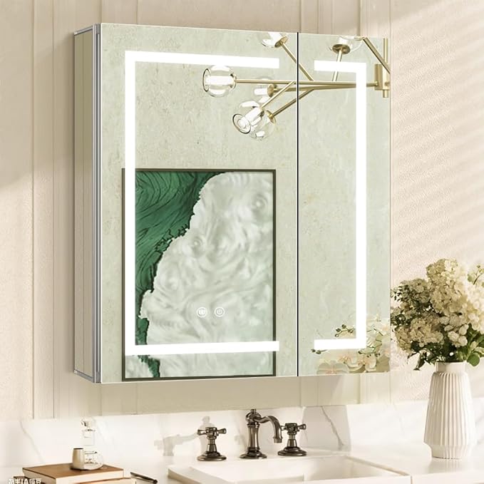 LED Medicine Cabinet,Bathroom Mirror Cabinet with Lights,24×28inch,Equip with Internal Light,Aluminum Construction,USB Shaver Socket,3 Color,Dimmer,Demister,Surface Mounted and Recess Mounted