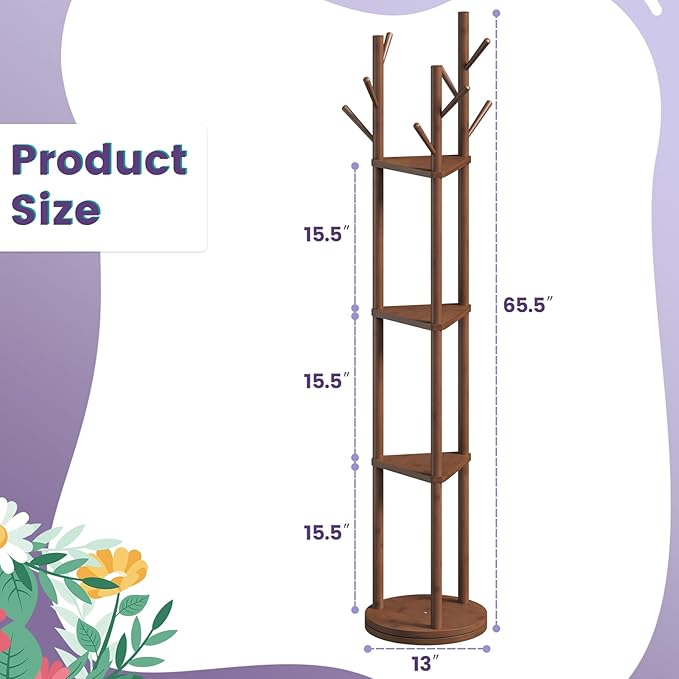 Rotating Coat Rack, Freestanding Coat Rack with 3 Shelves and 9 Hooks Clothes Organizer Coat tree for Bedroom, Entryway, Livingroom (Brown)