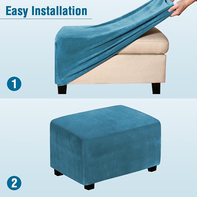 H.VERSAILTEX Real Velvet Plush 1 Piece Form Fit Stretch Rectangle Folding Storage Covers Ottoman Slipcovers Removable Footstool Protect Footrest Covers Elastic Bottom Washable(X-Large, Peacock Blue)