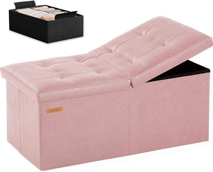 HAUSFRAU 31.5 Inches Ottoman with Storage Bench, Folding Ottoman Bench Small Foot Rest Stool, Bedroom Bench with Flipping Lid, Faux Leather Pale Pink