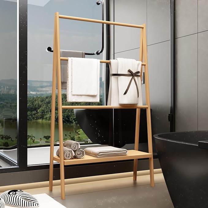 Bamboo Ladder Towel Rack - Blanket Holder with Storage Shelf for Bathroom & Living Room, Freestanding 30.16" L x 12.01" W x 51" H, Eco-Friendly