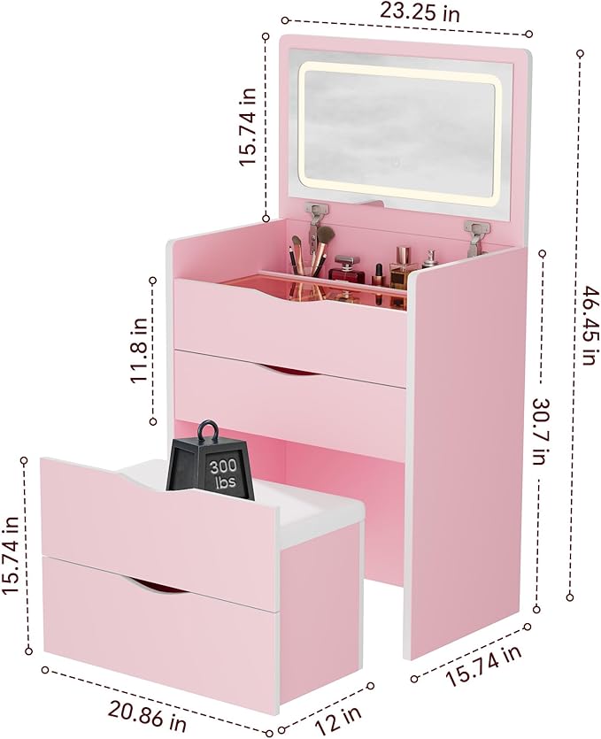 Mr IRONSTONE Compact Vanity Desk with Mirror and Lights, Hidden Makeup Vanity Cabinet with Storage Drawers & Shelves, Small Vanity Table for Bedroom, Flip Top Vanity for Small Spaces, Pink
