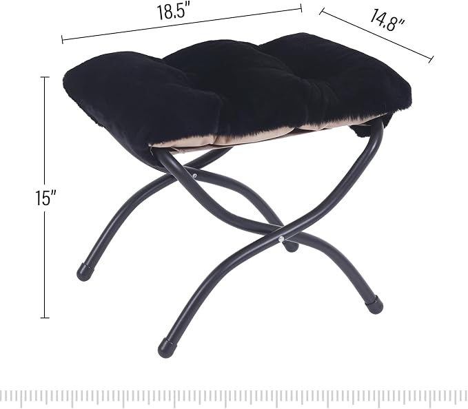 LITA Folding Upholstered Footrest Stool, Modern Small Portable Accent Ottoman with Detachable Thick Cotton Cushion Padded Sofa Stool with Metal Frame for Lazy Chair, Living Room & Bedroom, Plush Black