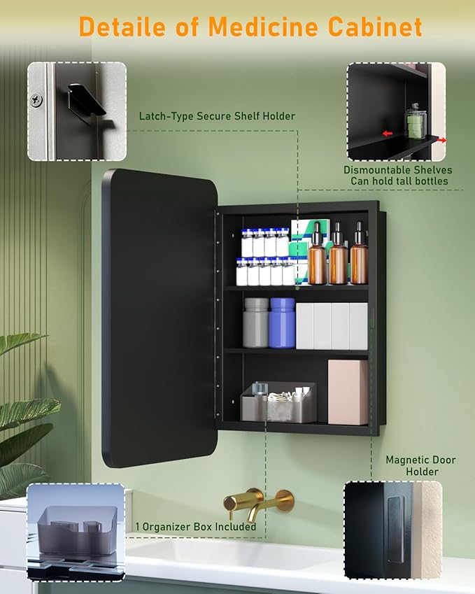 16"x24" Black Recessed Medicine Cabinet, Bathroom Surface Mount Medicine Cabinet Bathroom Mirror with Storage, Waterproof Full Body Metal, Stable and Removable 2 Metal Shelves, Easy Installation