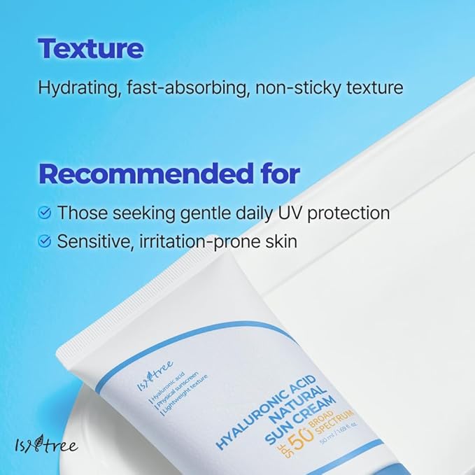 ISNTREE Hyaluronic Acid Natural Suncream SPF 50, Mineral Sunscreen, Gentle Tone-Up Effect, Hydrating Daily Sun Cream, Sensitive Skin Friendly, Korean Skincare, 50ml