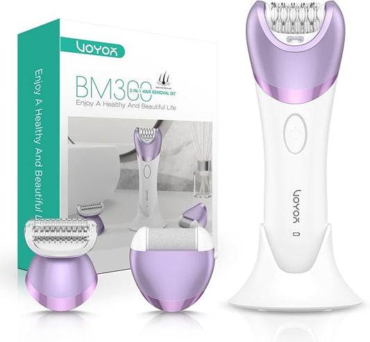 VOYOR レディースエピレーター コードレス脱毛器 女性用 3-in-1 脱毛器 脚 腕 顔用 30枚ツィーザー 充電式 乾湿両用 電動レディースシェーバー＆トリマー BM300 (パープル)