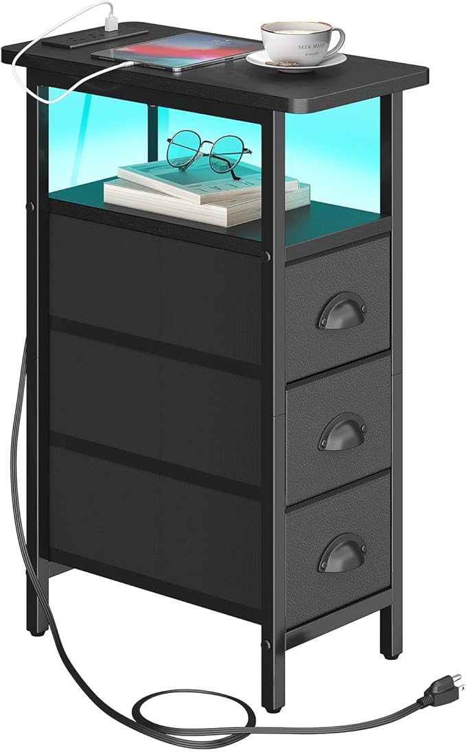 sthmec End Table with Charging Station,LED Side Tables with USB Ports and Outlets,Skinny Bedside Tables with 3 Drawers,Small Tabls Nightstands for Small Space,Slim Sofa Table for Livingroom,Black