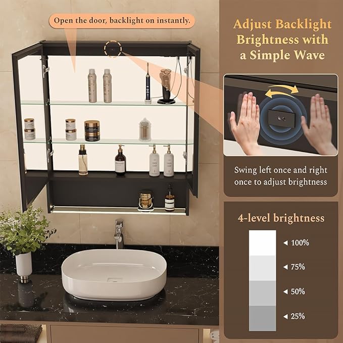 30"×34" LED Lighted Medicine Cabinet with Backlight, Adjustable Brightness 3 Color Temperature Lighting Anti-Fog Mirror 2 Socket & 2 USB Ports & Adjustable Shelf Wall Mounted