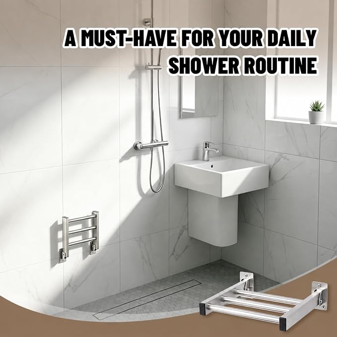 Hicarer Shower Foot Rest Wall Mount Folding Shower Pedestal Ledge 9" x 8" Brushed Finish 304 Stainless Steel Foot Rest Supports 200 Lbs for Safe Leg Shaving, Feet Washing & Bathroom Comfort