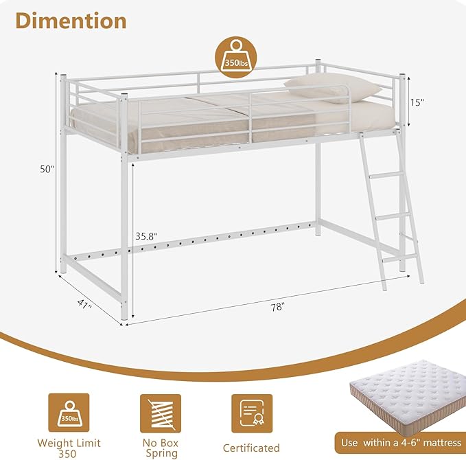 JOYMOR Low Loft Bed with Inclined Ladder, Metal Twin Size Bed Frame with 15” High Guardrail for Boys Girls, Junior, Space Saving, Mattress Not Included (White)
