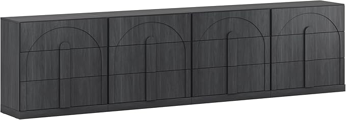 BELLEZE Sideboard Cabinet with 3 Drawers, Set of 4 Modern Wood Buffet Cabinet with Arc Design, Large Fluted Sideboard with Storage for Dining Room Living Room Entryway, Ebony