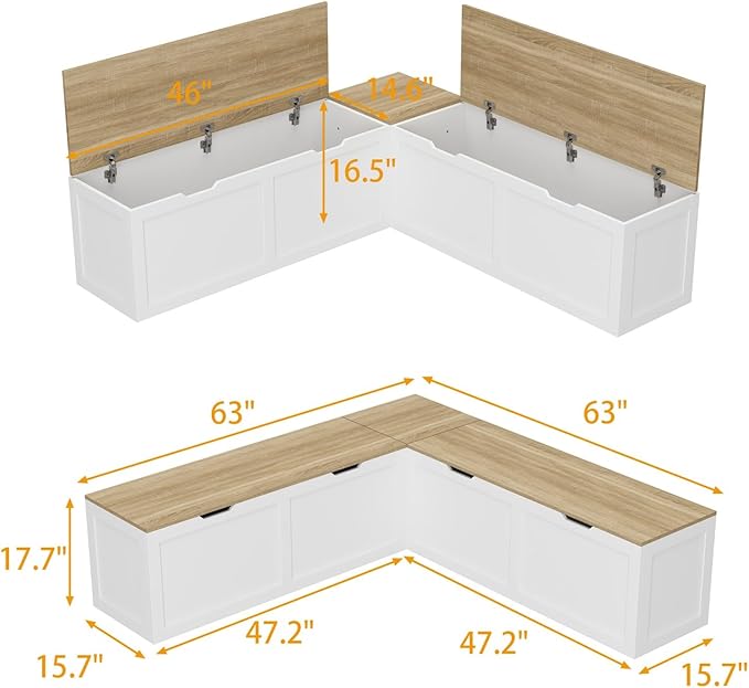 L Shaped Breakfast Nook Bench with Hidden Storage, 63 Inch Corner Dining Bench for Small Kitchen, Breakfast Nook Set for Dining Room, Entryway, Oak 63”L x 63”W x 17.7”H