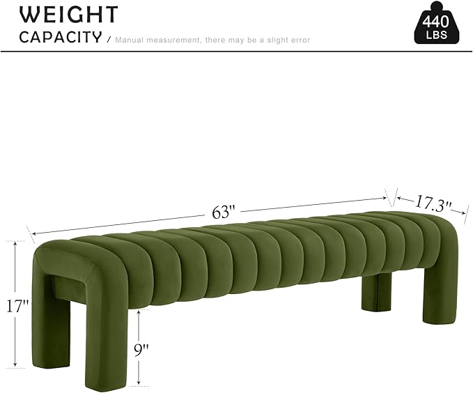 63” Dining Room Bench, Olive Green Tufted Upholstered End of Bed Bench, Modern Entryway Ottoman Window Seat with Solid Wood Legs and Padded Seat for Bedroom, Hallway and Living Room (Velvet)