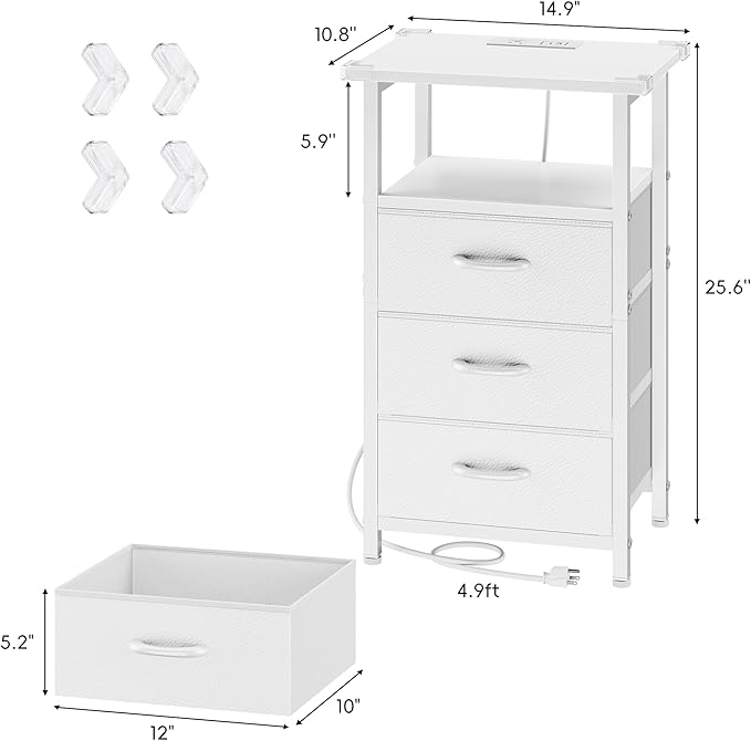 Vagusicc Nightstand Set of 2 with Charging Station, Bedside Table with USB Ports and Outlet, End Table Side Table with 2 Fabric Drawers and Storage Shelf, Bed Side Table Night Stand for Bedroom, White