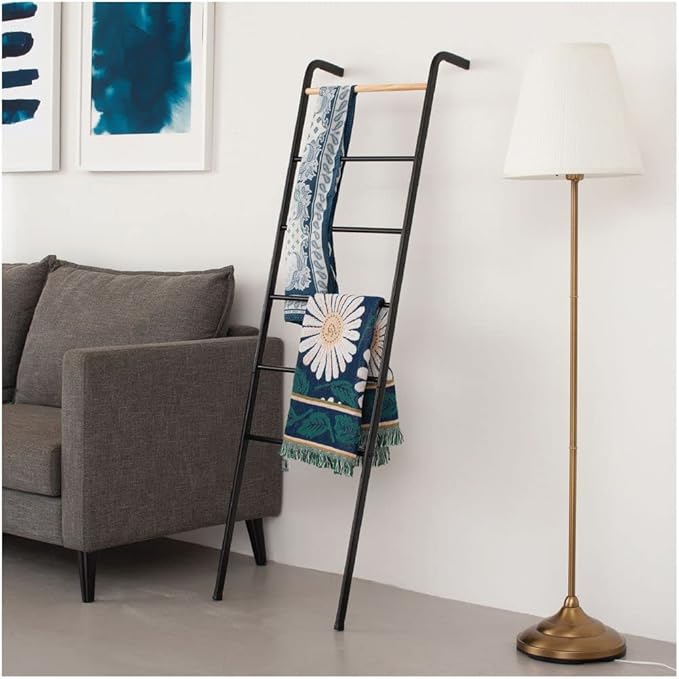 Wall Leaning Ladder Rack for Household Fabrics, Clothing, Interior Decoration, Black