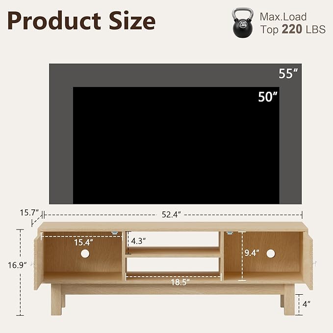 YOSHOOT Mid Century TV Stand for 55 inch TVs, Modern Entertainment Center with Storage Cabinets, Solid Wood Media Console with Open Shelves for Living Room & Bedroom, Natural