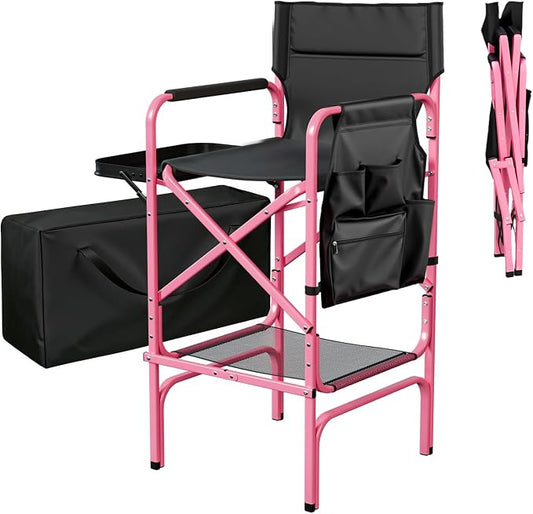 VINGLI 31" Tall Director's Chair for Makeup Artist, Aluminum Portable Makeup Chair with Retractable Side Table & Footrest,Supports 300 lbs, Foldable Makeup Chair for Studio, Pink & Black